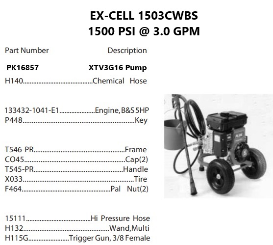 EX-CELL 1503CWBS AR power washer repair parts